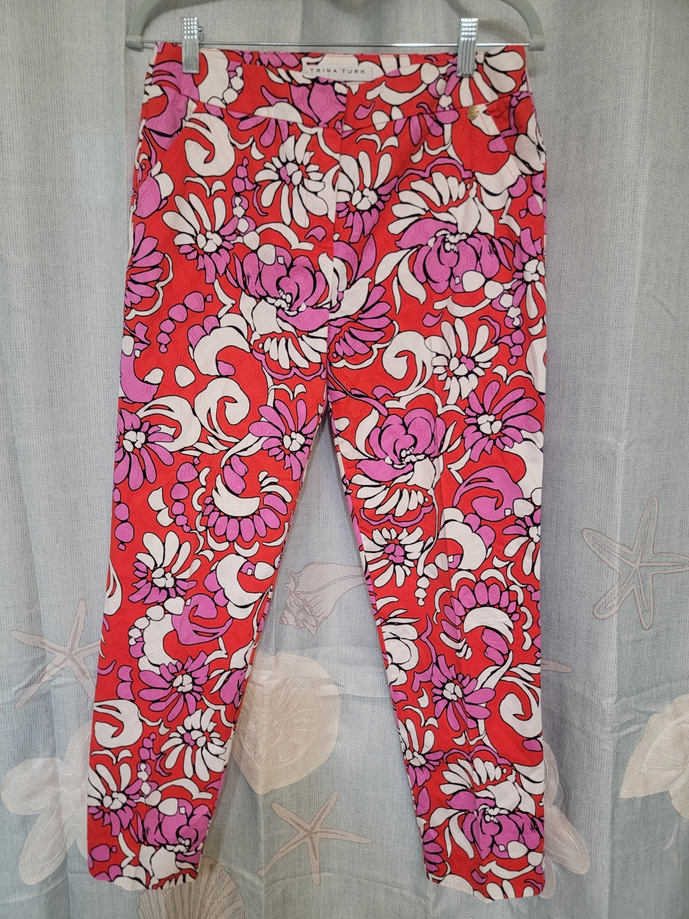Trina Turk Moss 2 Pants Size 6 Red Pink Floral Tapered Cropped